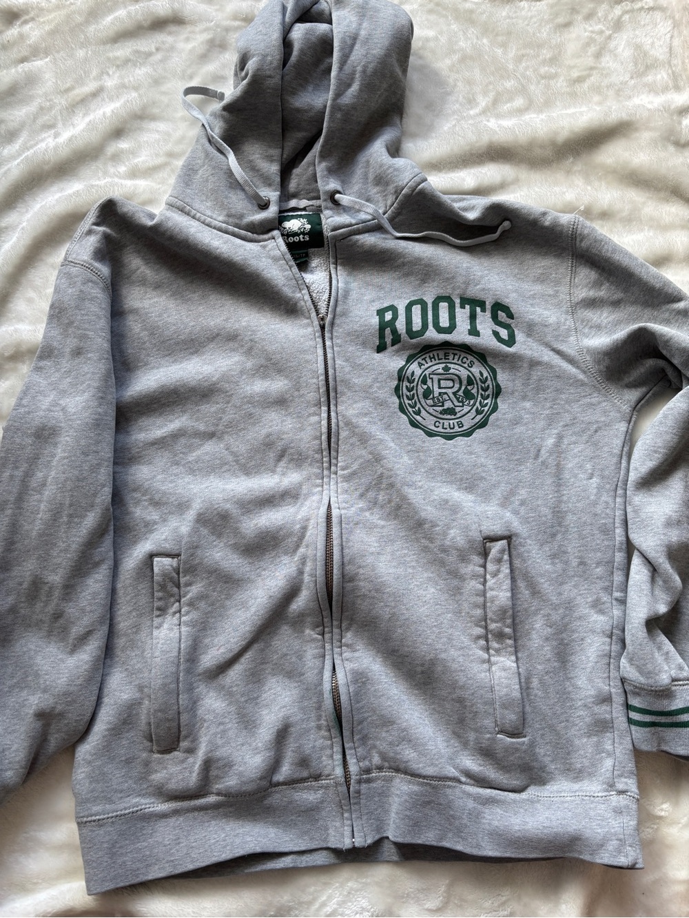 Roots Light Gray Zip-Up Hoodie with Green Logo